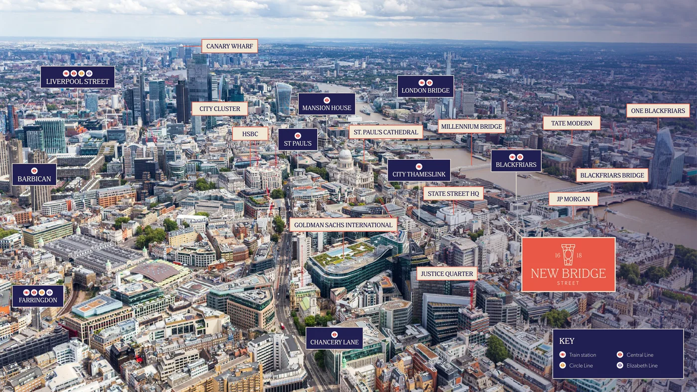 Annotated aerial view of the City of London showing 16-18 New Bridge Street, Blackfriars, St Paul's, the Goldman Sachs and JP Morgan campuses and nearby stations
