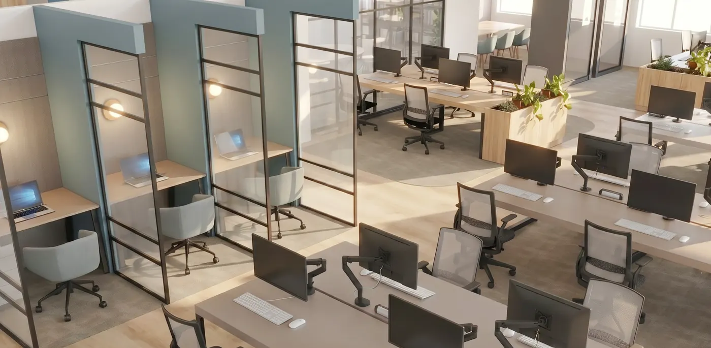 Indicative open plan workspace and video call booths