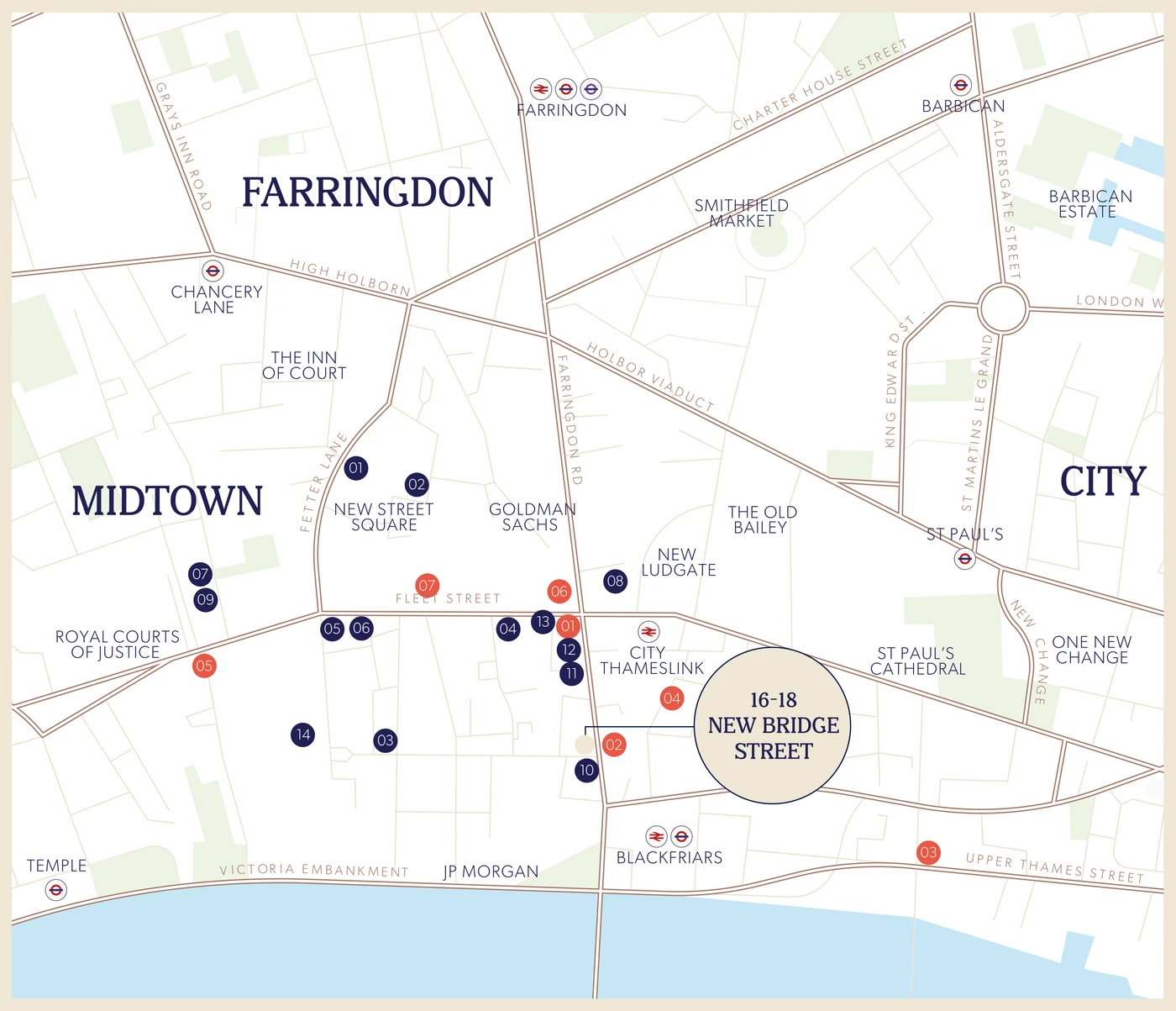 Illustrated map of Farringdon, Midtown and the City showing 16-18 New Bridge Street and nearby restaurants and cafes