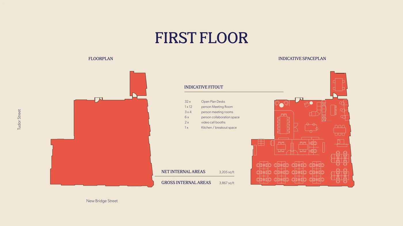 First floor plan board for 16-18 New Bridge Street showing the floorplan and an indicative spaceplan, net 3,205 sq ft / gross 3,867 sq ft