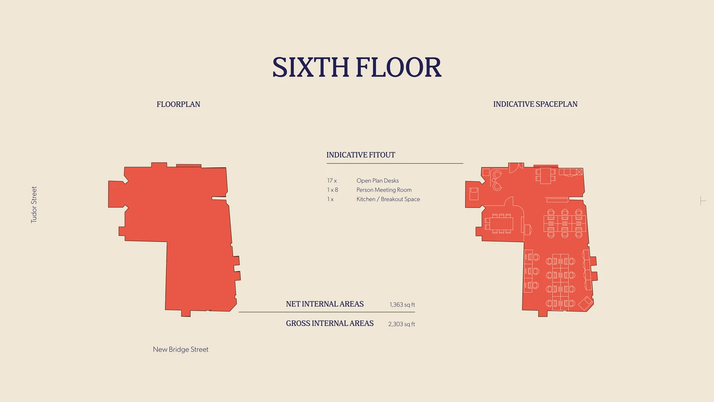 Sixth floor plan board for 16-18 New Bridge Street showing the floorplan and an indicative spaceplan, net 1,363 sq ft / gross 2,303 sq ft